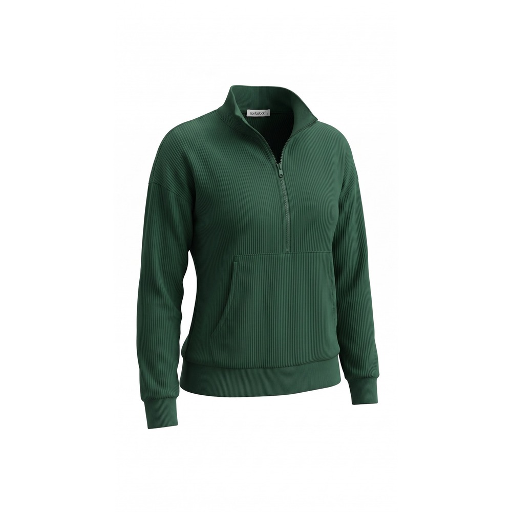 Fantaslook Womens Green Ribbed Quarter Zip Pullover Mock Neck Sweatshirt M